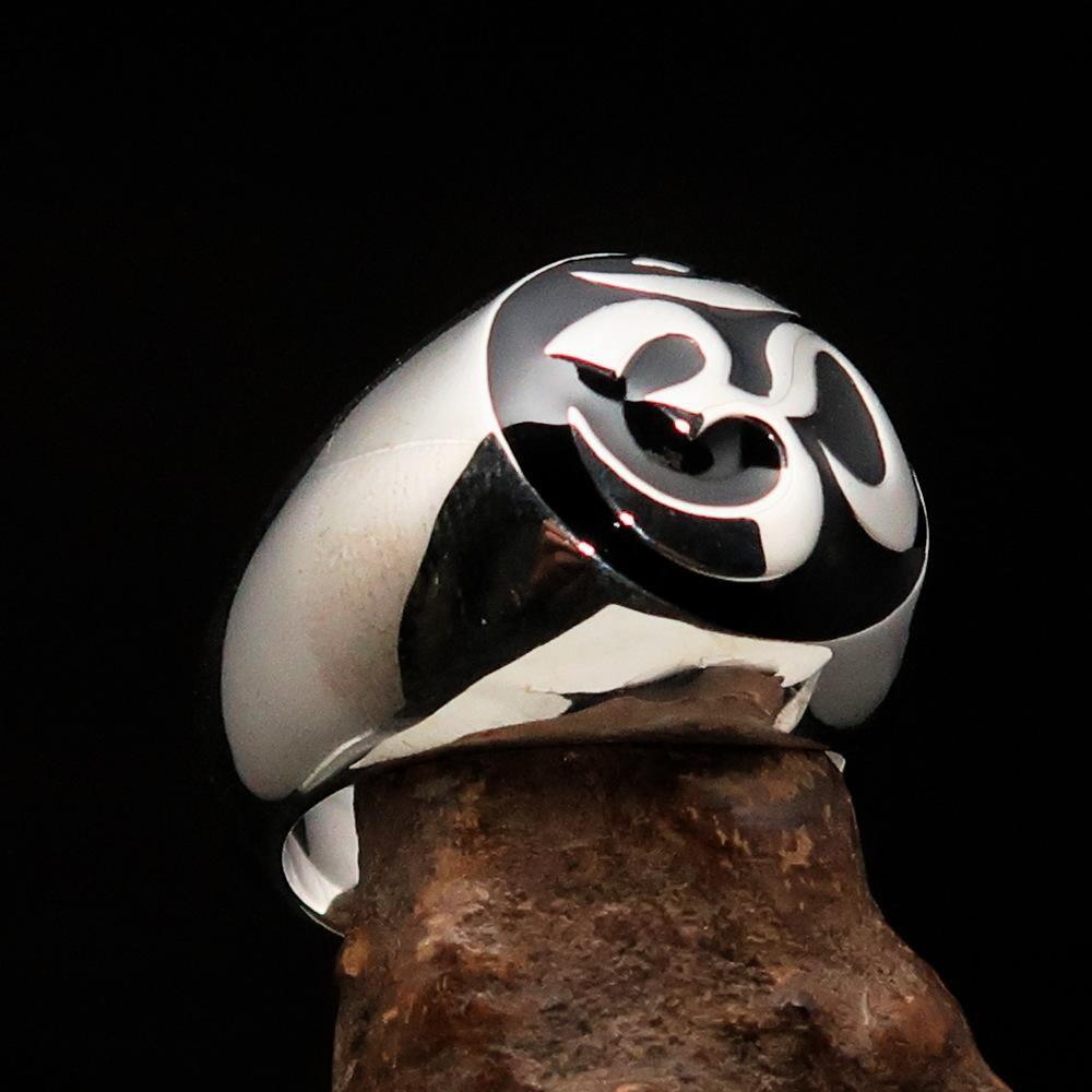 Nicely crafted domed Men's Buddhist Ring Black Aum Symbol - Sterling Silver-2