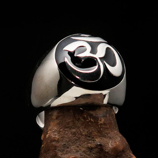Nicely crafted domed Men's Buddhist Ring Black Aum Symbol - Sterling Silver-0