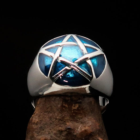 Excellent crafted Men's Pinky Ring domed Blue Pentagram - Sterling Silver-0