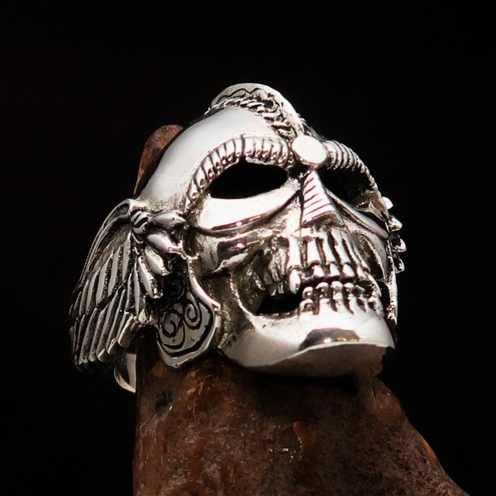 Excellent crafted Men's Biker winged Viking Skull Ring - antiqued Sterling Silver-0