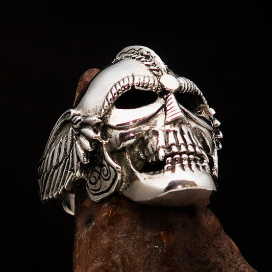 Excellent crafted Men's Biker winged Viking Skull Ring - antiqued Sterling Silver-0