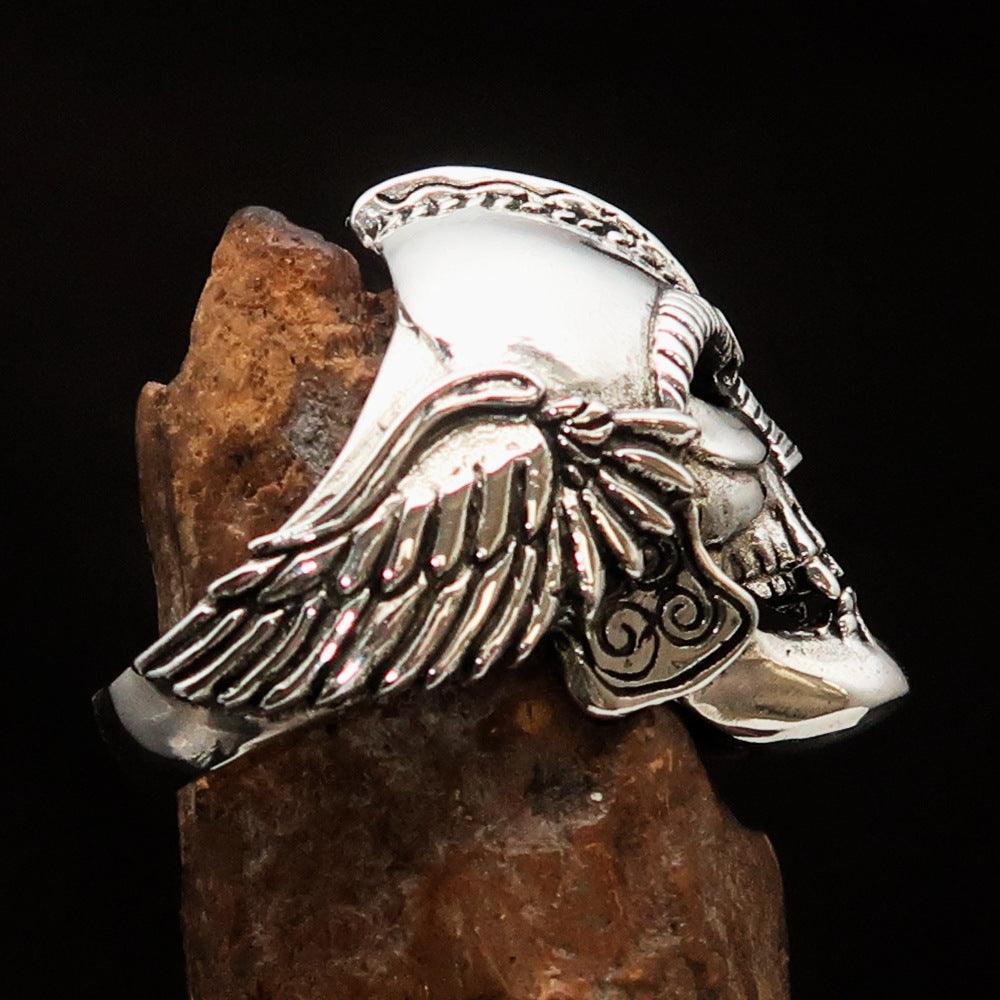 Excellent crafted Men's Biker winged Viking Skull Ring - antiqued Sterling Silver-2