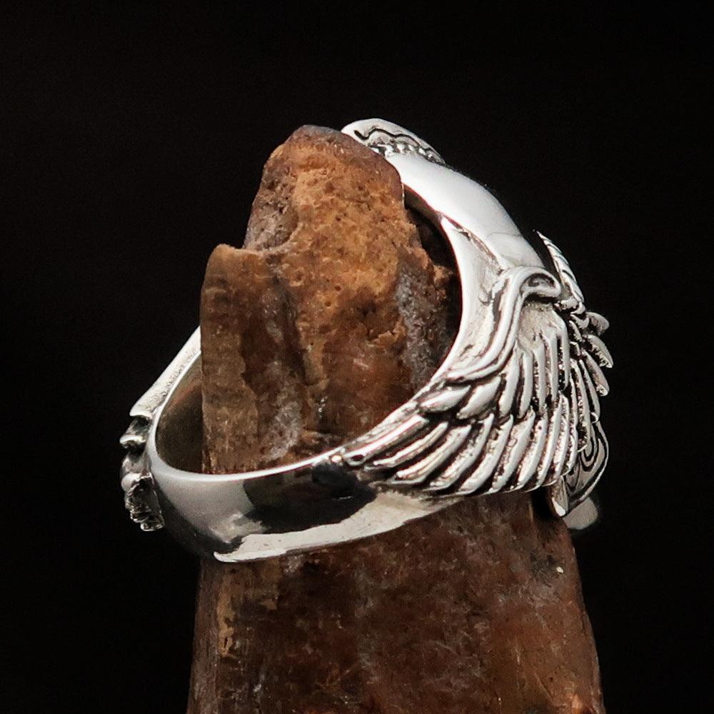 Excellent crafted Men's Biker winged Viking Skull Ring - antiqued Sterling Silver-3