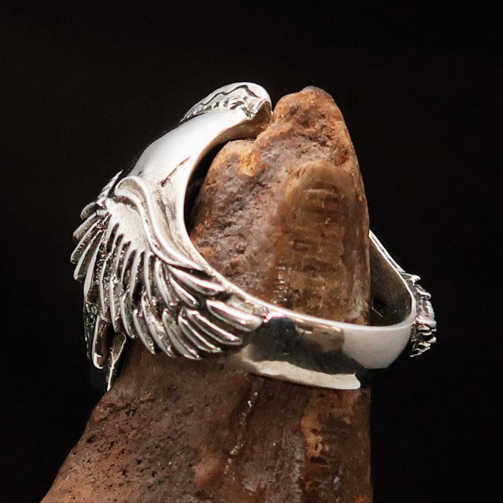Excellent crafted Men's Biker winged Viking Skull Ring - antiqued Sterling Silver-4