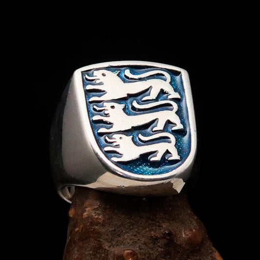 Perfectly crafted Men's Shield Ring Blue 3 Lions Coat of Arms - Sterling Silver-0