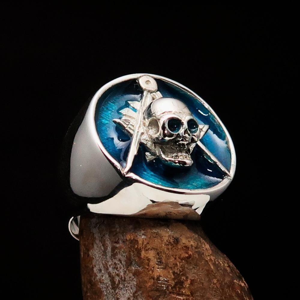 Perfectly crafted Men's Masonic Skull Ring Blue - Sterling Silver-1