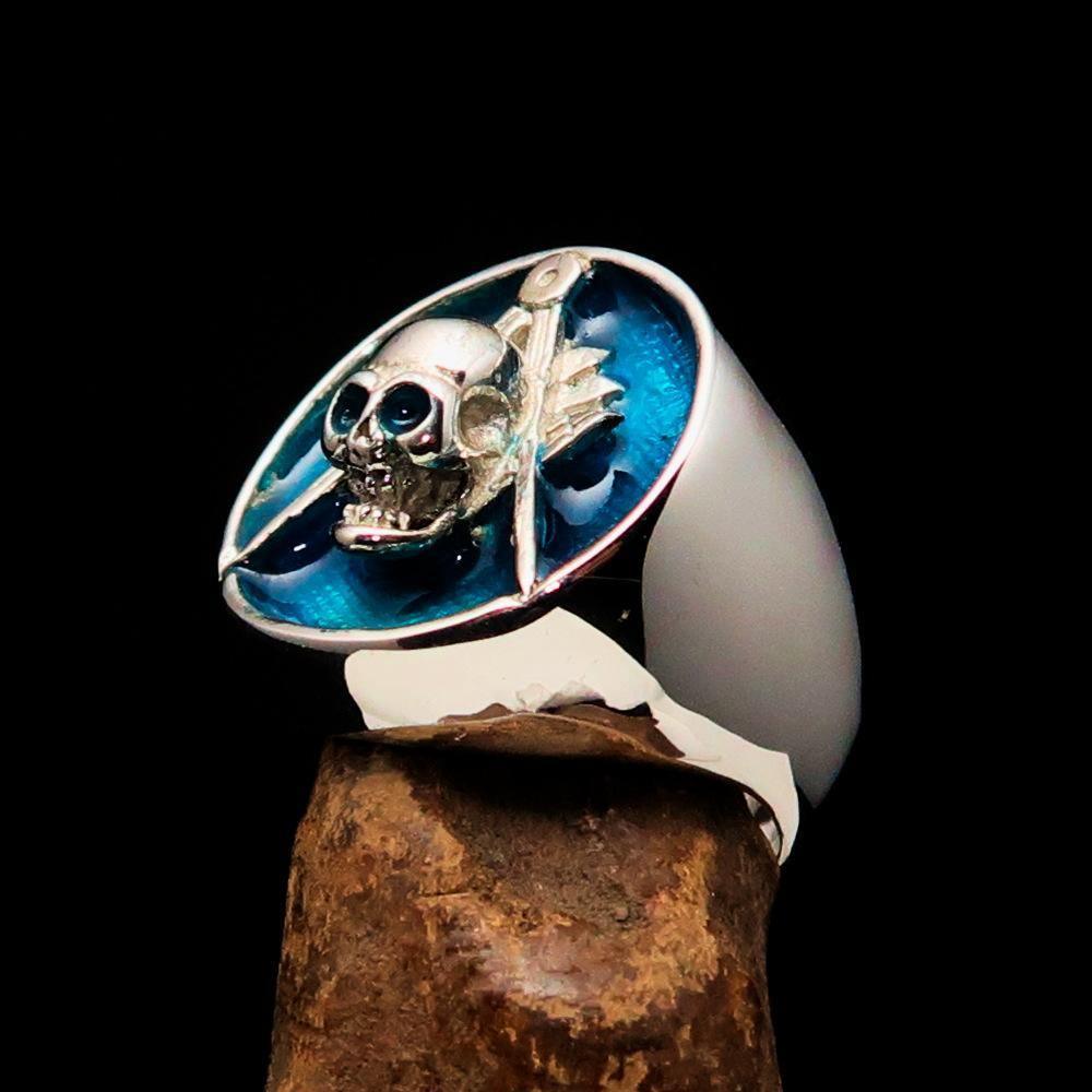 Perfectly crafted Men's Masonic Skull Ring Blue - Sterling Silver-4