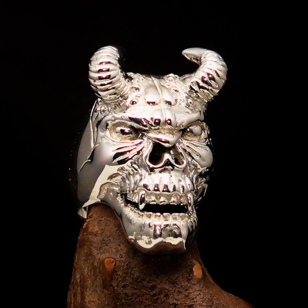 Excellent crafted Men's horned Devil Ring - Mirror Polished Sterling Silver-0