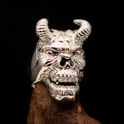 Excellent crafted Men's horned Devil Ring - Mirror Polished Sterling Silver-0