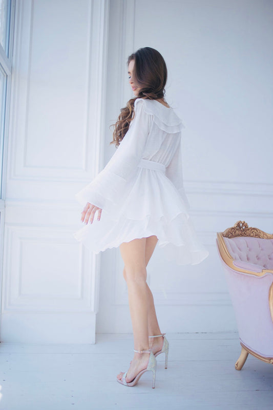 White Bohemian Airy Dress With Long Sleeves by GLOWSYOU