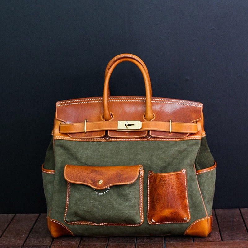 Unisex New Oversize  Genuine Vintage Oil Wax Leather Top Handle Canvas Bag-1