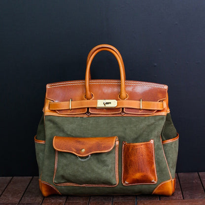 Unisex New Oversize  Genuine Vintage Oil Wax Leather Top Handle Canvas Bag-1