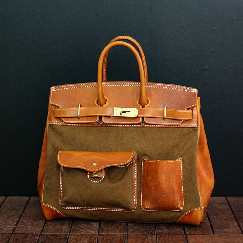 Unisex New Oversize  Genuine Vintage Oil Wax Leather Top Handle Canvas Bag-2