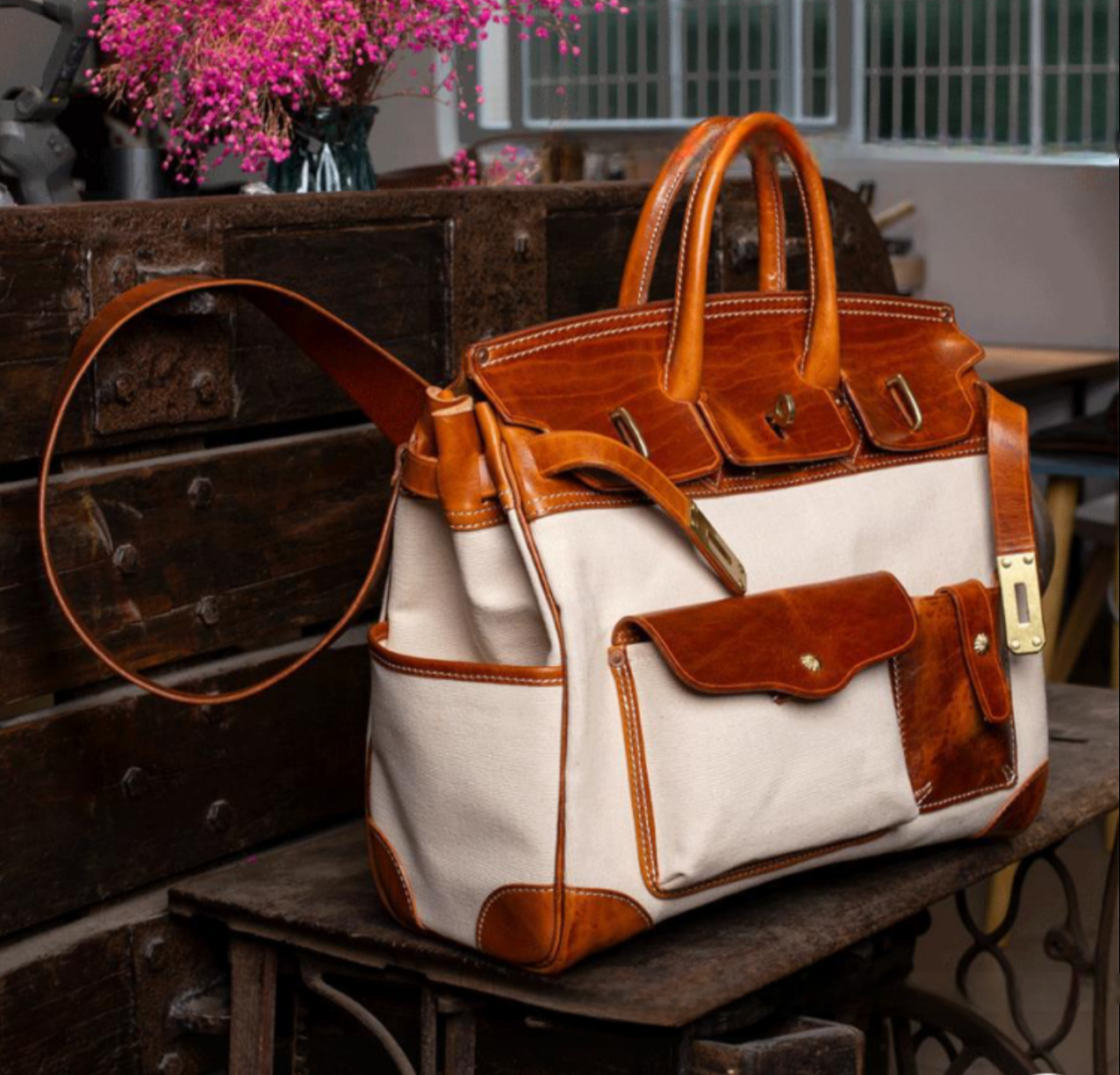 Unisex New Oversize  Genuine Vintage Oil Wax Leather Top Handle Canvas Bag-4