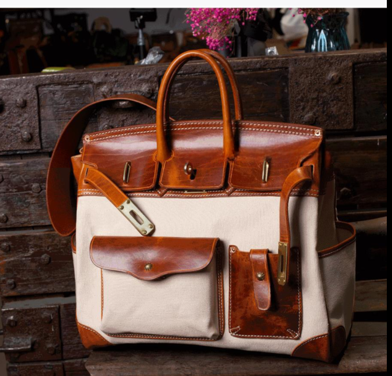 Unisex New Oversize  Genuine Vintage Oil Wax Leather Top Handle Canvas Bag-3