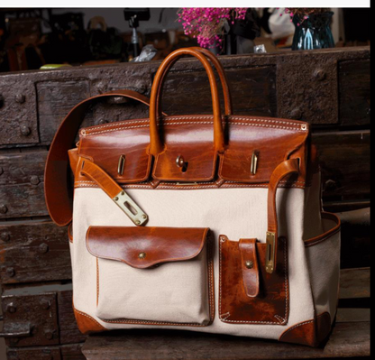 Unisex New Oversize  Genuine Vintage Oil Wax Leather Top Handle Canvas Bag-3
