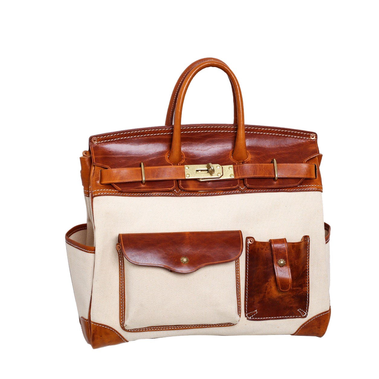 Unisex New Oversize  Genuine Vintage Oil Wax Leather Top Handle Canvas Bag-0