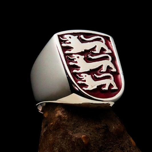 Perfectly crafted Men's Shield Ring Red 3 Lions Coat of Arms - Sterling Silver-0