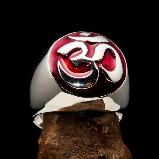 Nicely crafted domed Men's Buddhist Ring red Aum Symbol - Sterling Silver-0