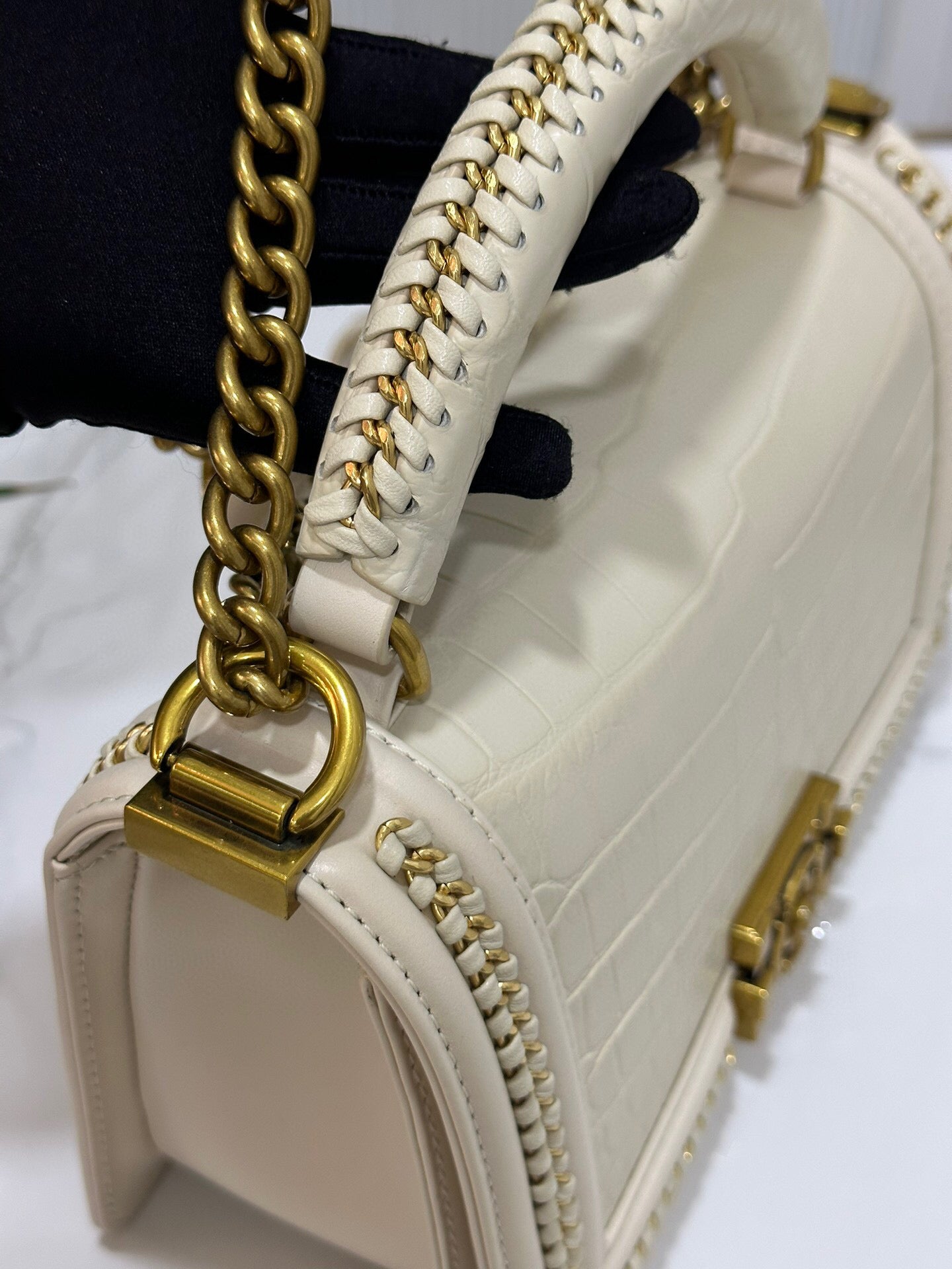 Genuine Crocodile Leather Top Handle Cross Body Flap Chain Bag Cream-3