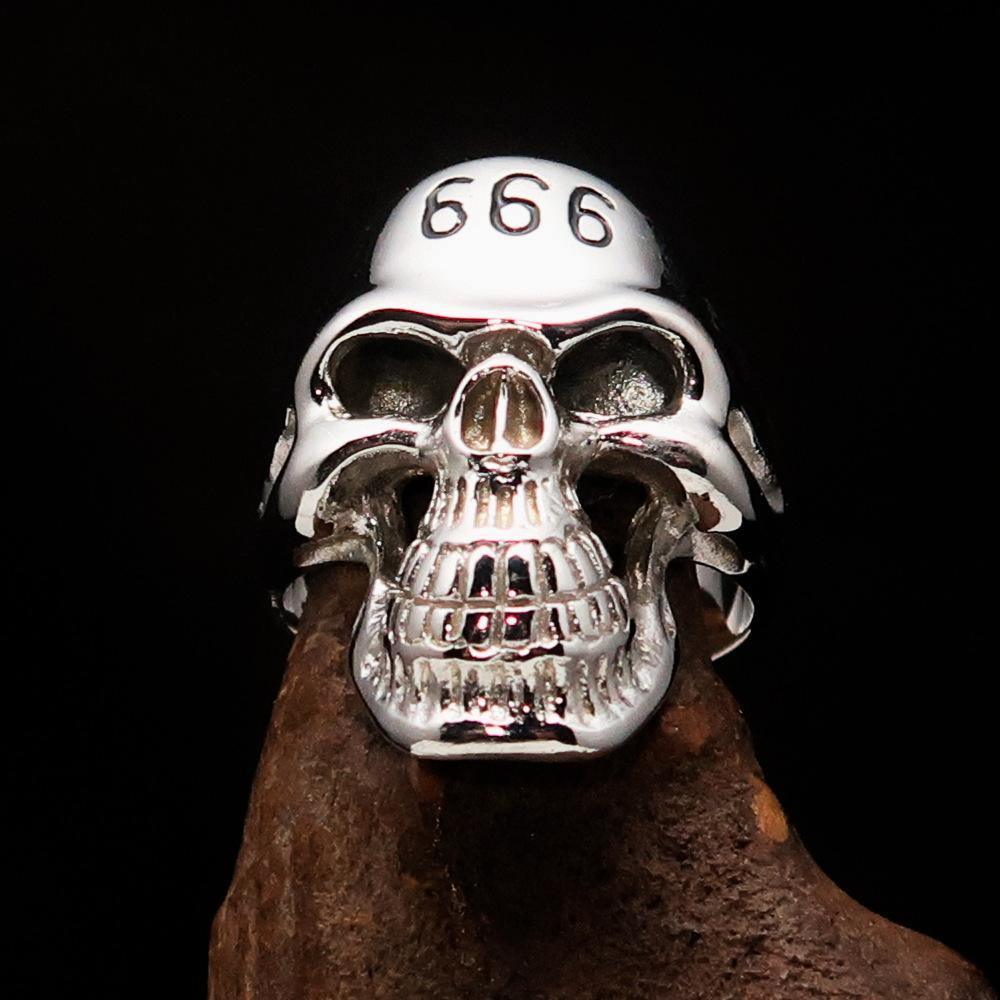Excellent crafted Men's Devil Skull Ring black 666 on Forehead - Sterling Silver-1
