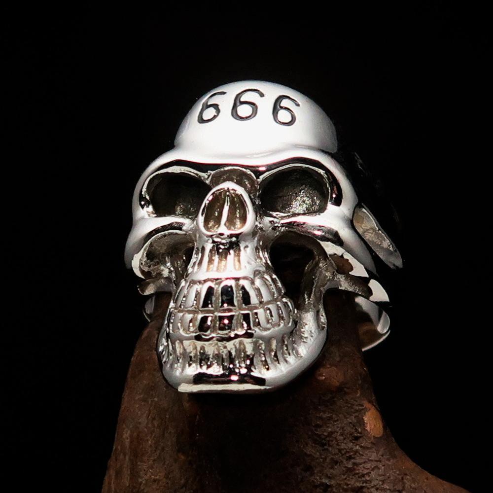 Excellent crafted Men's Devil Skull Ring black 666 on Forehead - Sterling Silver-0