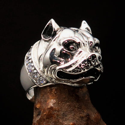 Excellent crafted Men's Ring Pitbull with white CZ Collar - Sterling Silver-1