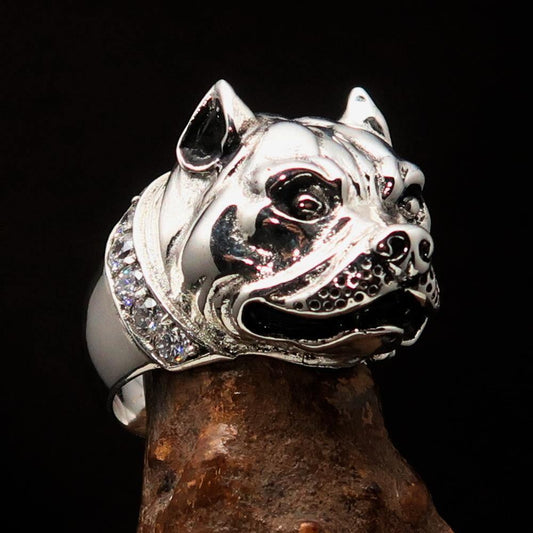 Excellent crafted Men's Ring Pitbull with white CZ Collar - Sterling Silver-1