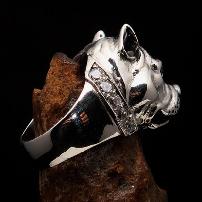 Excellent crafted Men's Ring Pitbull with white CZ Collar - Sterling Silver-3
