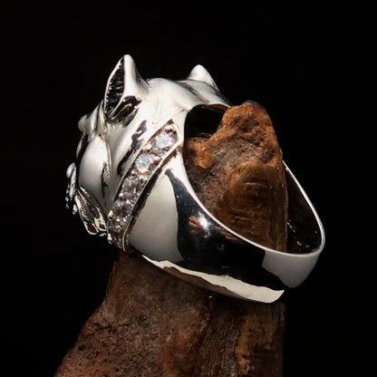 Excellent crafted Men's Ring Pitbull with white CZ Collar - Sterling Silver-4