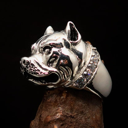 Excellent crafted Men's Ring Pitbull with white CZ Collar - Sterling Silver-0