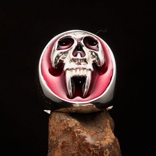 Excellent crafted oval Men's Red Vampire Skull Ring - Sterling Silver-1