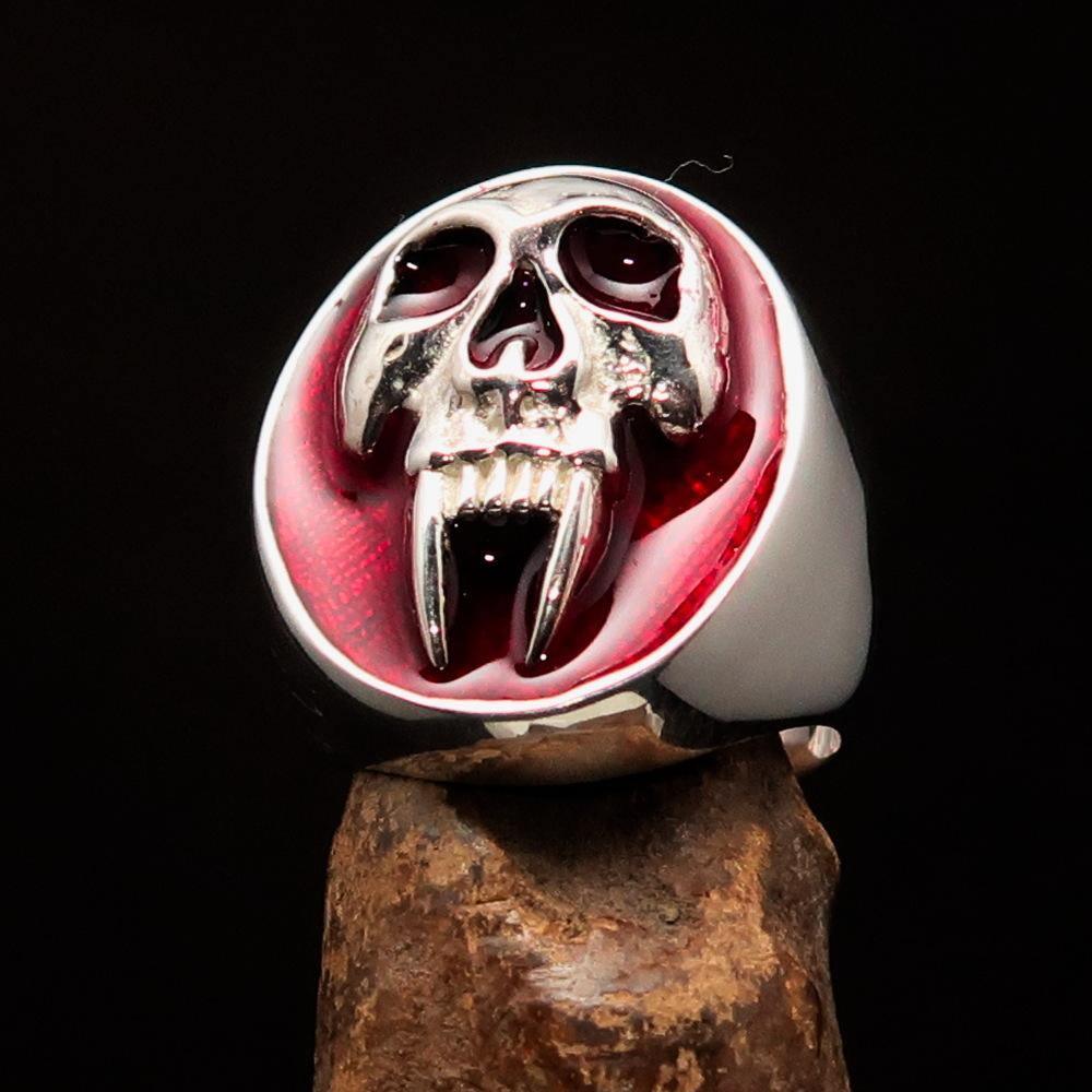 Excellent crafted oval Men's Red Vampire Skull Ring - Sterling Silver-0