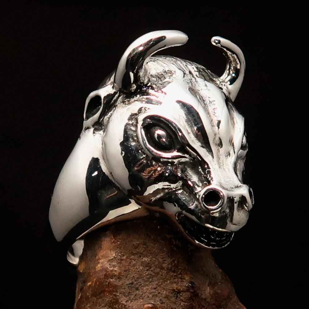 Excellent crafted Men's antiqued Bull Head Ring - Sterling Silver-2