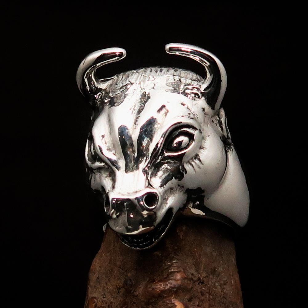 Excellent crafted Men's antiqued Bull Head Ring - Sterling Silver-0