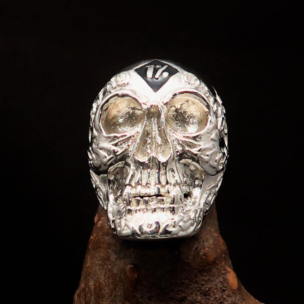 Excellent crafted Men's black 1% Runes Skull Outlaw Ring - Sterling Silver-0