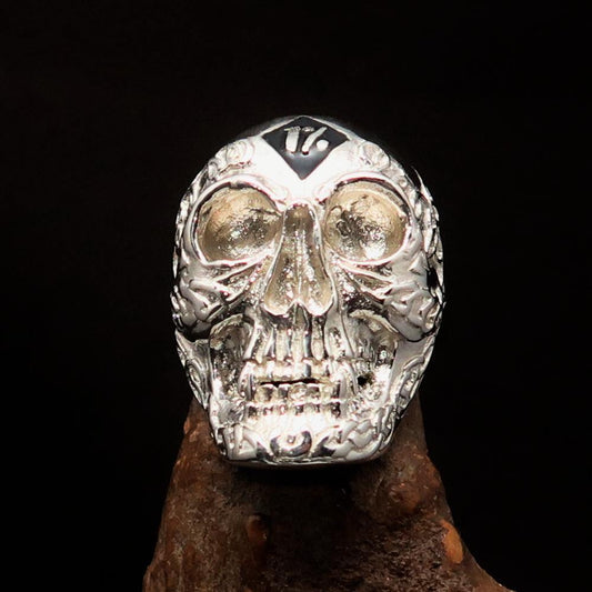 Excellent crafted Men's black 1% Runes Skull Outlaw Ring - Sterling Silver-0