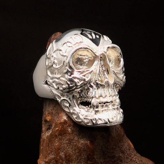 Excellent crafted Men's black 1% Runes Skull Outlaw Ring - Sterling Silver-1