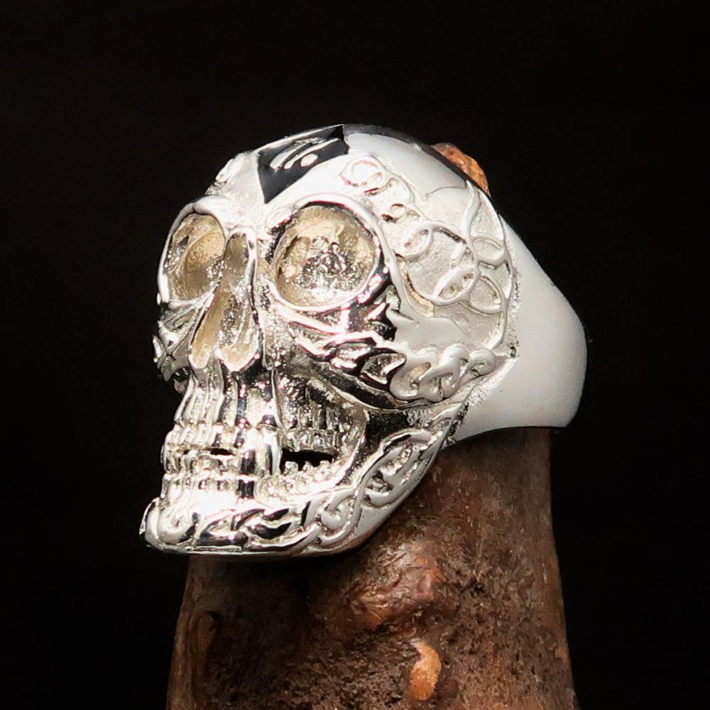 Excellent crafted Men's black 1% Runes Skull Outlaw Ring - Sterling Silver-4
