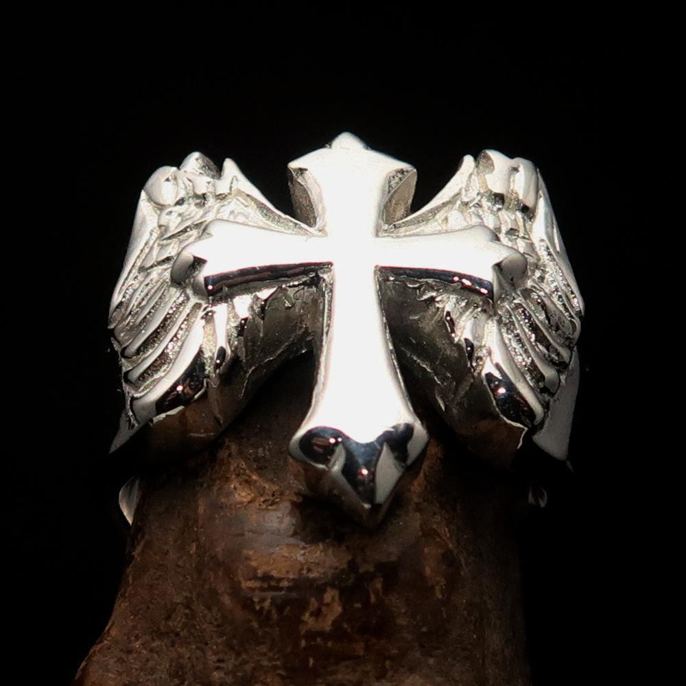 Excellent crafted shiny Men's flying winged Cross Ring - Sterling Silver-0