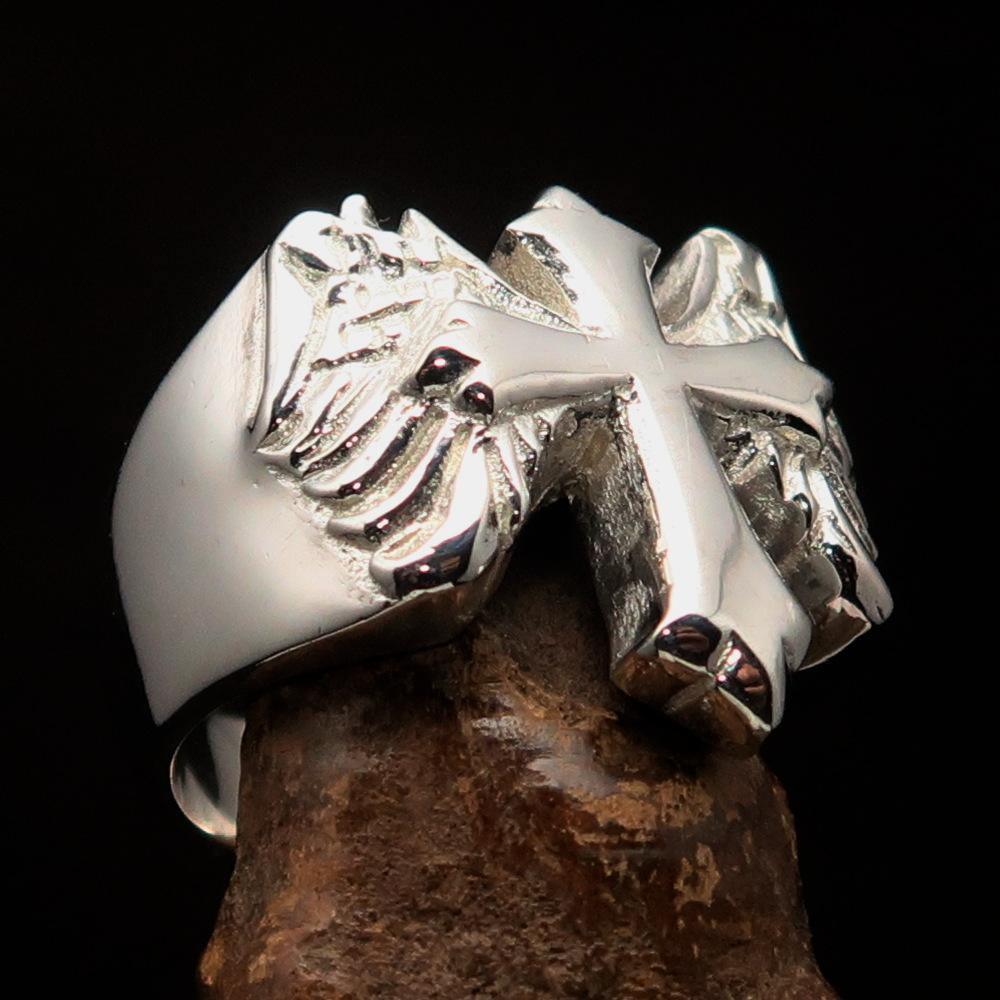 Excellent crafted shiny Men's flying winged Cross Ring - Sterling Silver-1