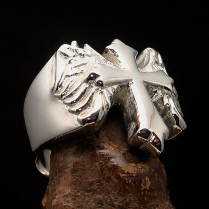 Excellent crafted shiny Men's flying winged Cross Ring - Sterling Silver-1