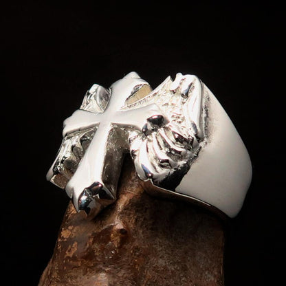 Excellent crafted shiny Men's flying winged Cross Ring - Sterling Silver-4