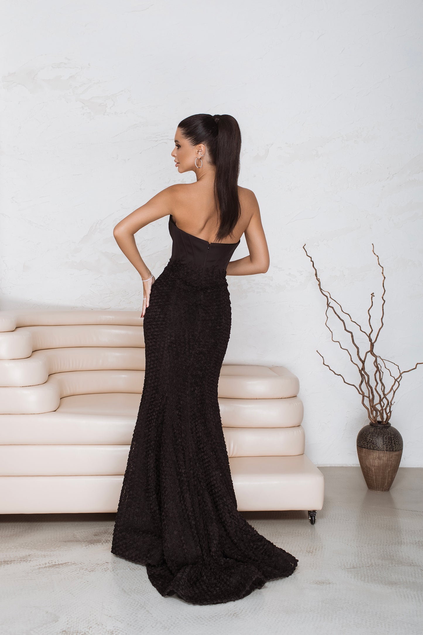 Black drop waist corset gown with 3D rose fabric skirt, couture evening dress for gala and luxury events
