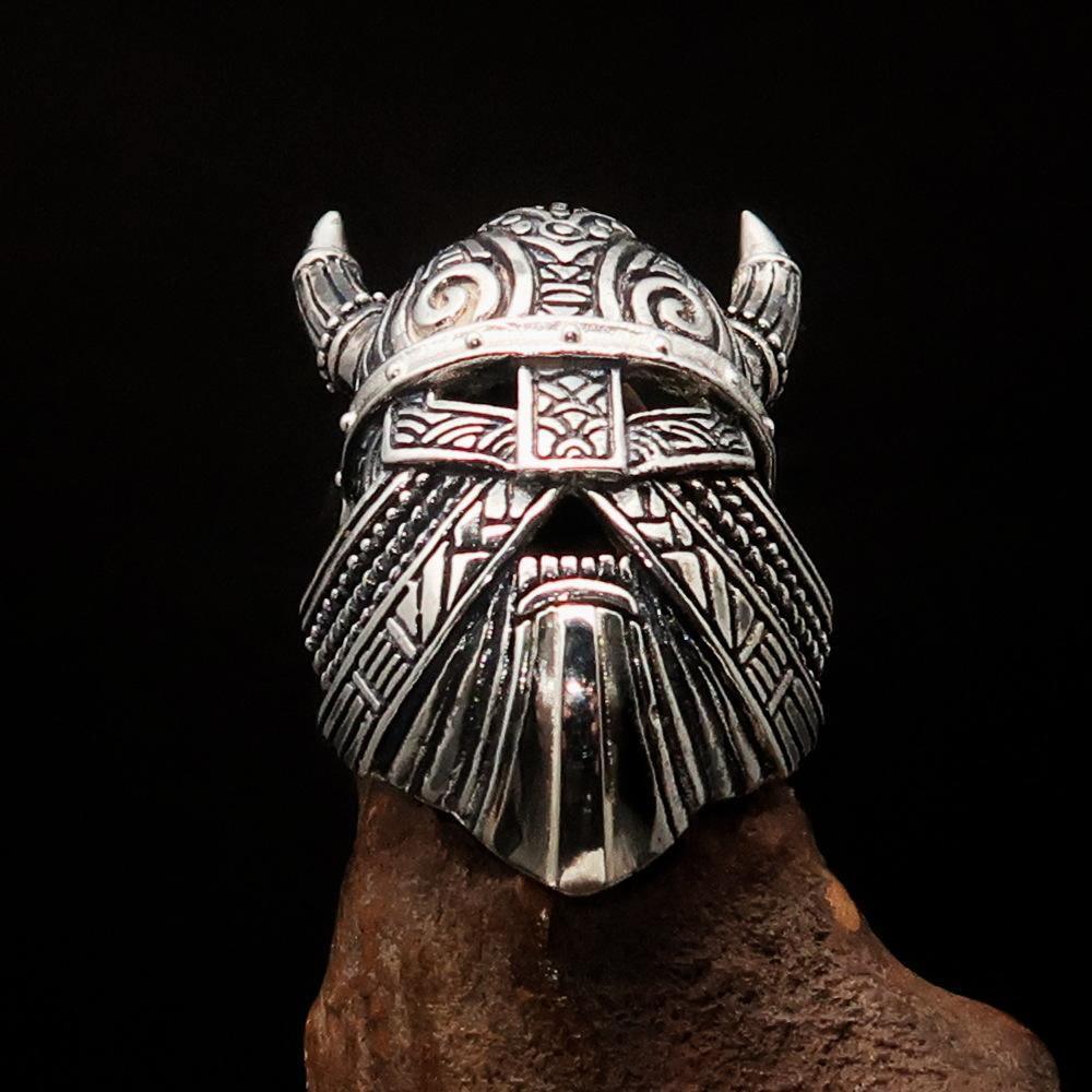 Excellent crafted Men's horned Viking Warrior Ring - antiqued Sterling Silver-1