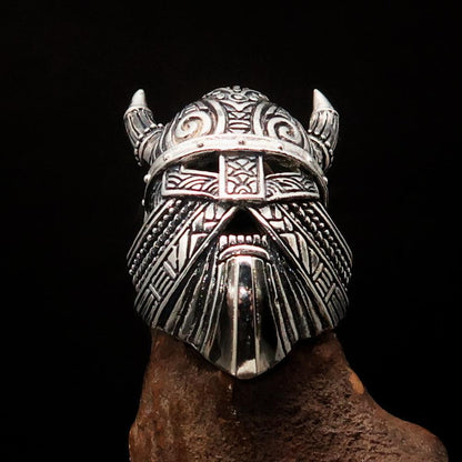 Excellent crafted Men's horned Viking Warrior Ring - antiqued Sterling Silver-1