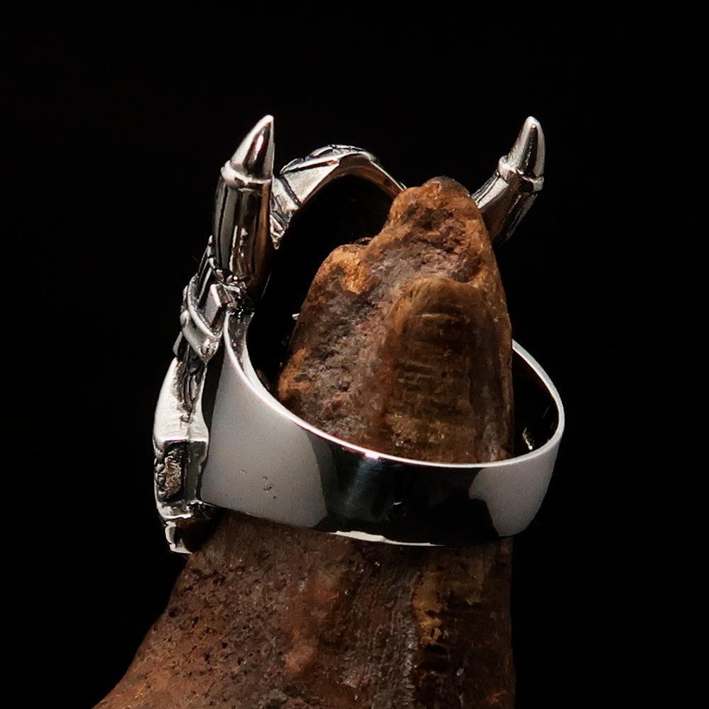 Excellent crafted Men's horned Viking Warrior Ring - antiqued Sterling Silver-4