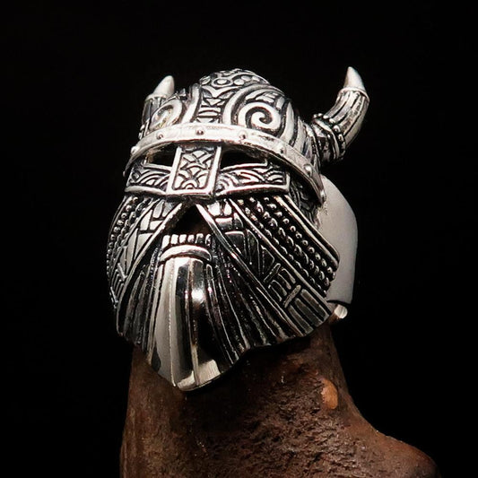 Excellent crafted Men's horned Viking Warrior Ring - antiqued Sterling Silver-0