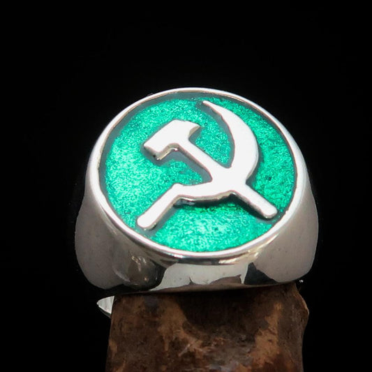 Excellent crafted Men's Socialist Ring Hammer Sickle Green - Sterling Silver-0