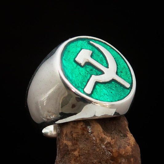 Excellent crafted Men's Socialist Ring Hammer Sickle Green - Sterling Silver-1